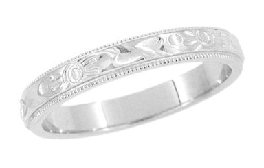 Platinum Art Deco Flowers and Leaves Millgrain Edge Engraved Vintage Style Wedding Band - 3mm Wide