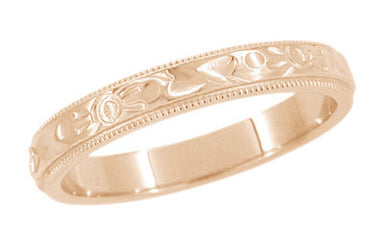 Art Deco Flowers and Leaves Millgrain Edge Carved Wedding Band in 14 Karat Rose ( Pink ) Gold