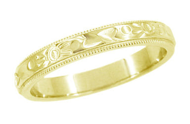 Yellow Gold Art Deco Leaves and Flowers Millgrain Edge Engraved Wedding Band - 3mm Width