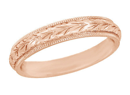 Vintage Art Deco Wedding Ring Style - Art Deco Hand Engraved Wheat Wedding Ring in 14 Karat Rose Gold with Millgrain Edge - 4mm Wide