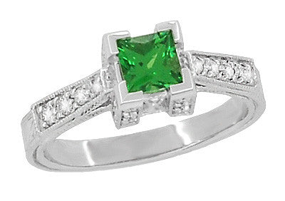 Art Deco Vintage Square Tsavorite Garnet & Diamond Engagement Ring 18K ...