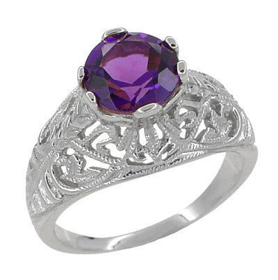 Edwardian Amethyst Filigree Ring in 14 Karat White Gold — Antique ...