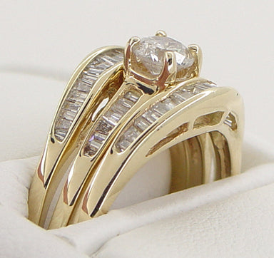 Estate Baguettes Diamond Engagement Ring and Double Hugger Wedding Set in 14 Karat Gold - alternate view