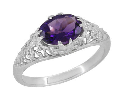 Edwardian Oval Amethyst Filigree Ring in 14 Karat White Gold — Antique ...