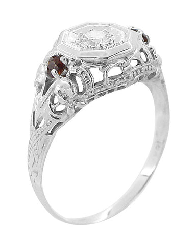 Edwardian Filigree Garnet and Diamond Vintage Engagement Ring in 18 Karat White Gold - alternate view