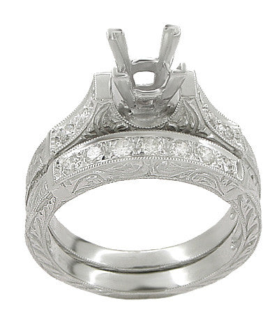 Art Deco Scrolls 2 Carat Princess Cut Diamond Engagement Ring Setting and  Wedding Ring in 18 Karat White Gold