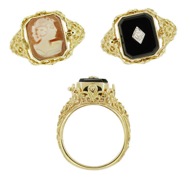 Edwardian Filigree Cameo Flip Ring with Diamond and Onyx in 14 Karat Yellow Gold - alternate view