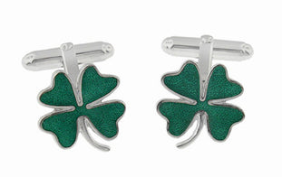 Lucky Four Leaf Clover Green Shamrock Enameled Cufflinks in 925 Solid Sterling Silver