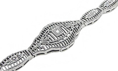 Vintage Style Art Deco Floral Filigree Diamond Bracelet in Sterling Silver