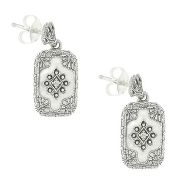 Filigree Crystal and Diamonds Art Deco Earrings in Sterling Silver - alternate view