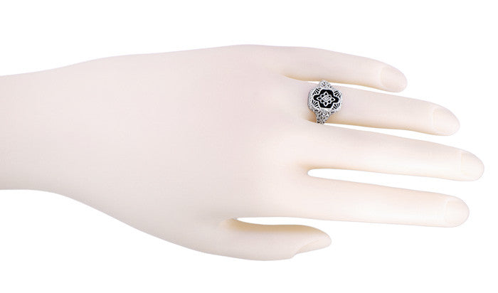 Art Deco Filigree Onyx and Diamond Ring in Sterling Silver