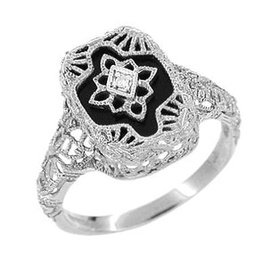 Art Deco Filigree Onyx and Diamond Ring in Sterling Silver