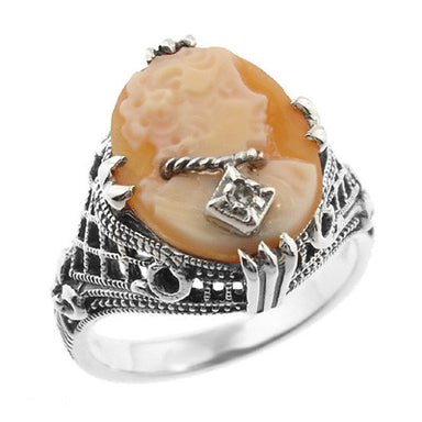 Art Deco Filigree Carnelian Shell Cameo Ring with Diamond in