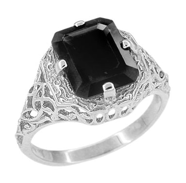 Art Deco Antique Rectangular Black Onyx Filigree Ring in White Gold ...