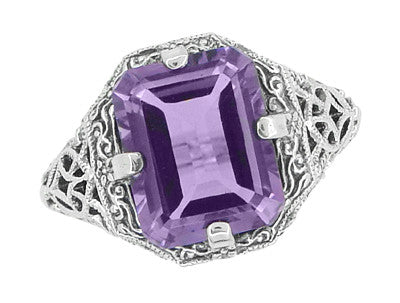 Art Deco Flowers and Leaves Emerald Cut Lilac Amethyst Filigree Ring in  Sterling Silver