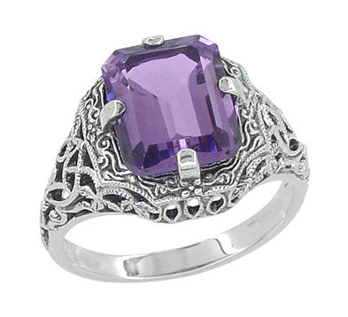 Art Deco Flowers and Leaves Emerald Cut Lilac Amethyst Filigree Ring in ...