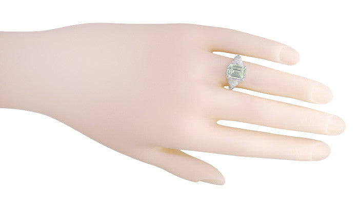 Edwardian Filigree Emerald Cut Prasiolite ( Green Amethyst ) Ring in  Sterling Silver