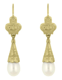 Victorian Fleur de Lys Pearl Drop Earrings in 14 Karat Yellow Gold