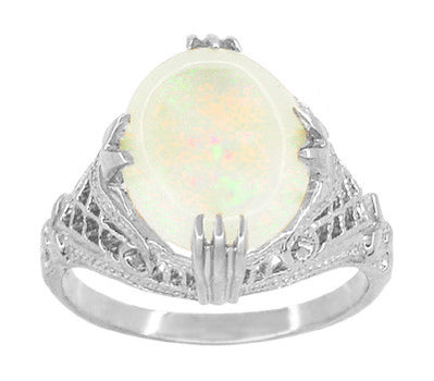 Edwardian Opal Filigree Ring in 14 Karat White Gold — Antique Jewelry Mall