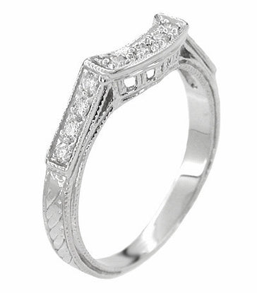 Art Deco Diamonds Filigree and Wheat Curved Hugger Wedding Ring in 14 or 18 Karat White Gold